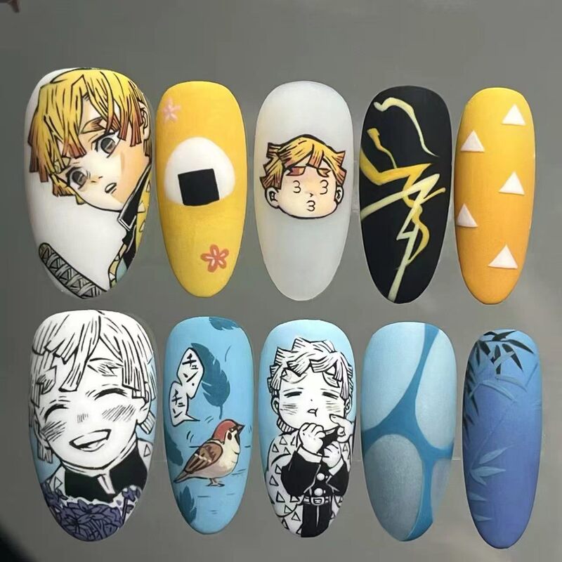 Demon Slayer Zenitsu Agatsuma Wearable Nails Anime Fan-Made 2D Beauty False Nail Stickers Wholesale from Factory