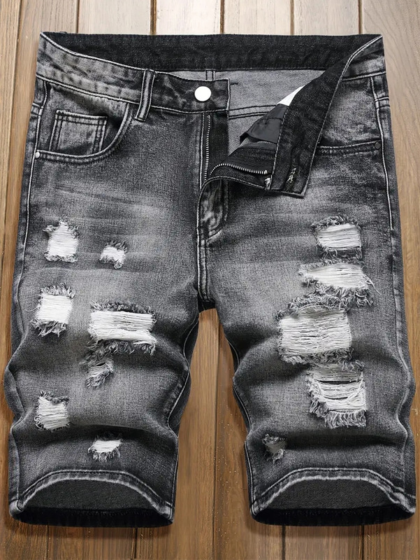 Men's Denim Shorts with Holes, Stylish and Versatile, Black Mid-Length Pants with Multiple Craftsmanship Techniques, Distressed and Vintage-Style Knee-Length Men's Pants