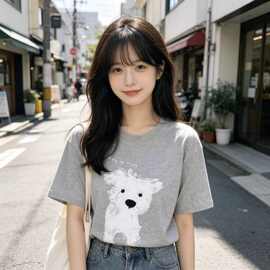 2026年韩版女士t恤灰色西高地卡通印花圆领短袖小熊上衣新款甜美