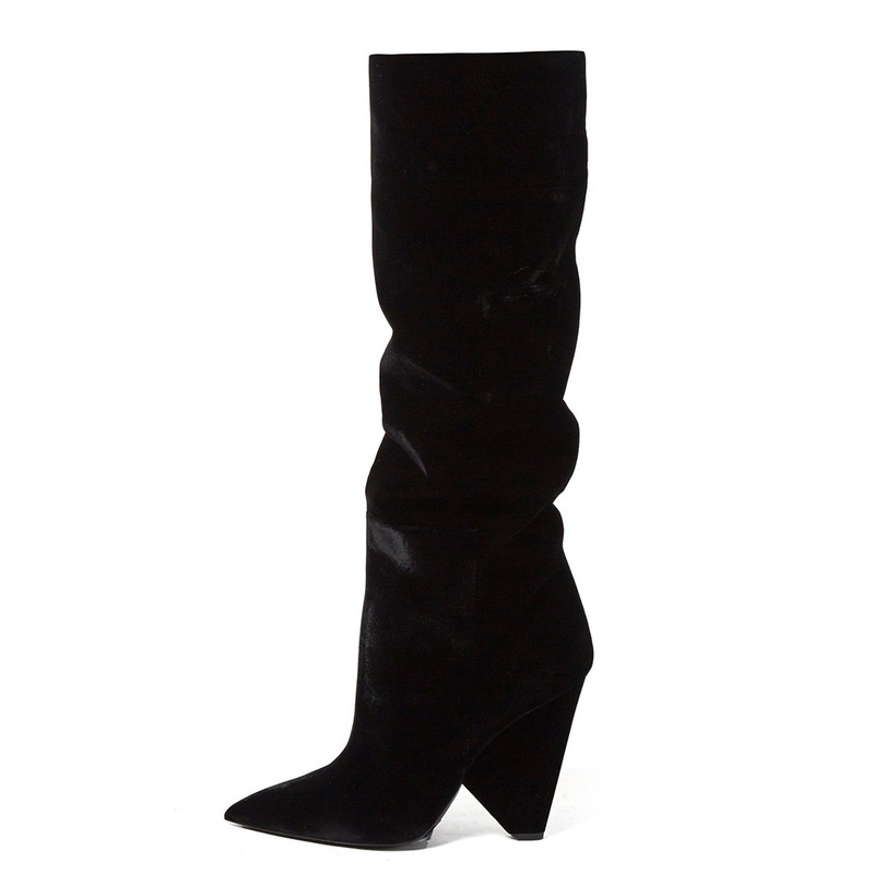 Black Velvet Pointed Toe Tapered Heel Knee-High Boots Foreign Trade Large Size Spring and Autumn Fashion Chengdu Women's Shoes Cross-Border Supply