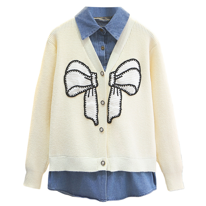 Cárdigan de dos piezas falso bordado de estilo francés para mujer de talla grande, diseño patchwork de mezclilla con lazo, prenda exterior de moda de otoño_voghion.com