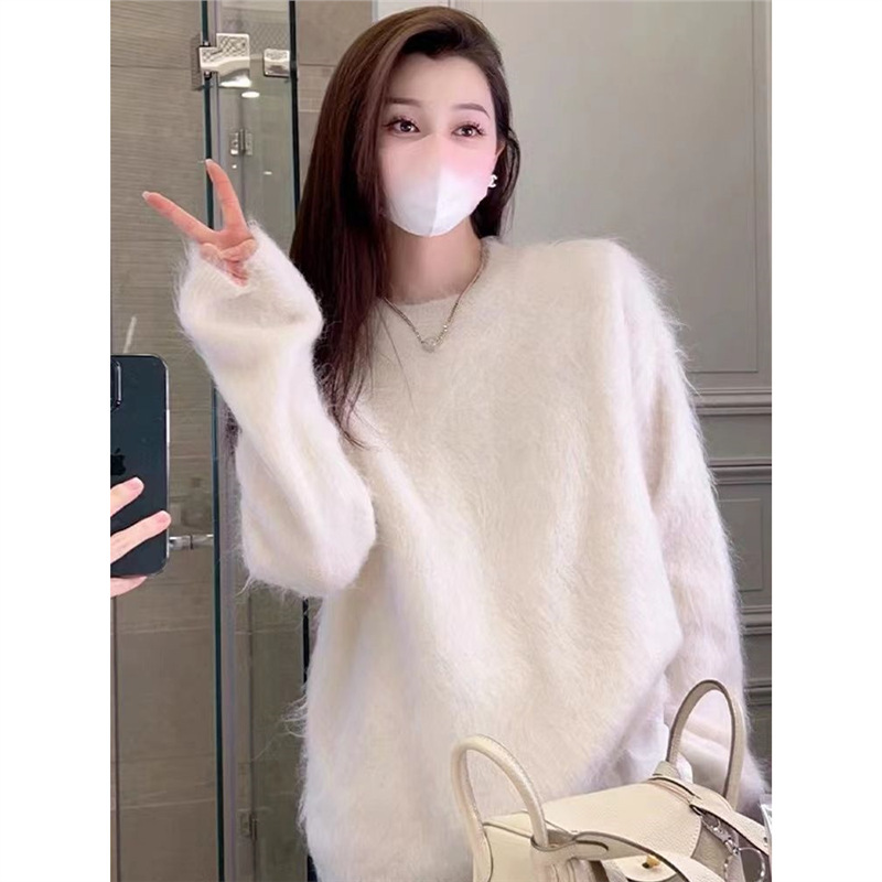温柔水貂绒紫色圆领毛衣女秋冬外穿加厚宽松软糯慵懒风内搭针织衫|undefined