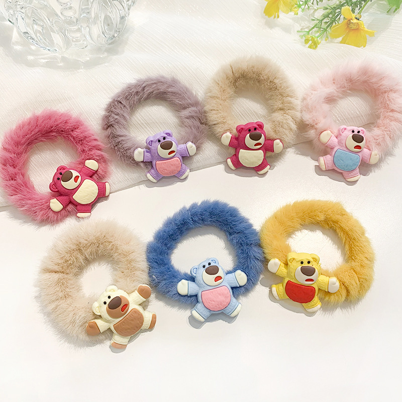 Estilo coreano Internet celebridad pelo lazo banda de goma Linda cuerda de pelo peluda para las mujeres Oso de fresa banda de pelo de felpa color caramelo cuerda de pelo dulce