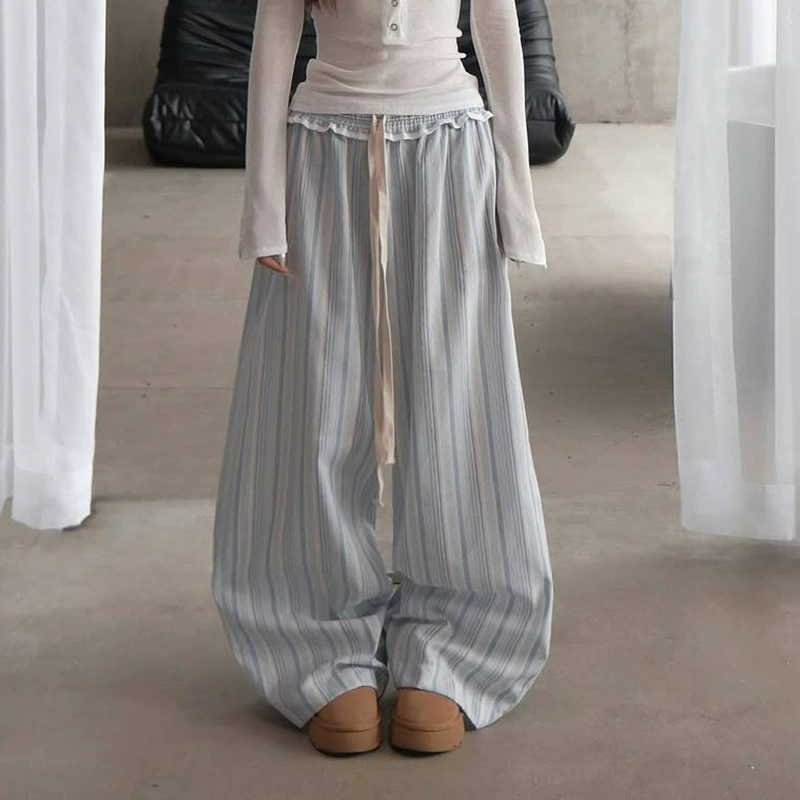 Корейские чистые ветряные полосатые деревянные ушные шитые свободные ленивые повседневные брюки простые спортивные повседневные домашние брюки