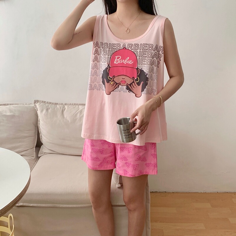 Summer Cotton Baseball Cap Girl's Vest Crewneck Shorts suit Outer Wearing Home Clothes Korean Pajamas suit