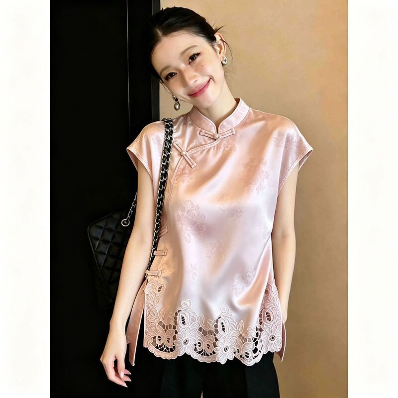 New Chinese-Style Hollow Embroidery Diagonal Collar Buttonless Sleeveless Shirt for Women, 2026 Summer New Model, Cool and Elegant Top