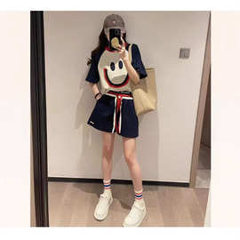 运动套装女2025夏季新款时尚刺绣笑脸韩版宽松休闲短袖短裤两件套
