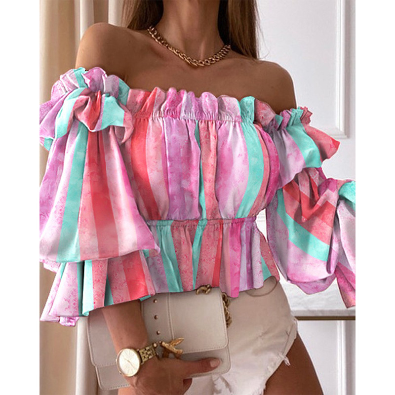 printed one-shoulder ruffle sleeve shirt nihaostyles clothing wholesale NSZH81598