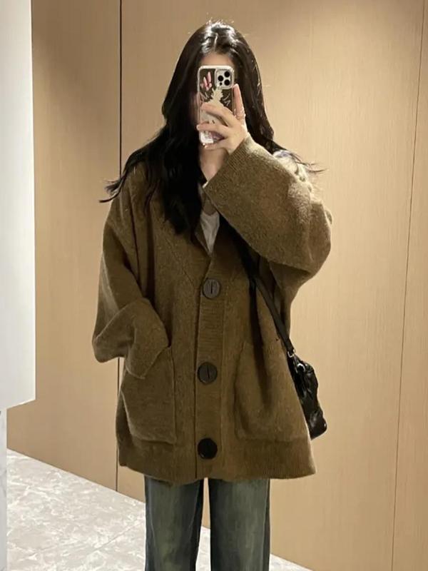 秋冬季慵懒风加厚连帽针织开衫女新款韩系宽松气质高级感毛衣外套|undefined
