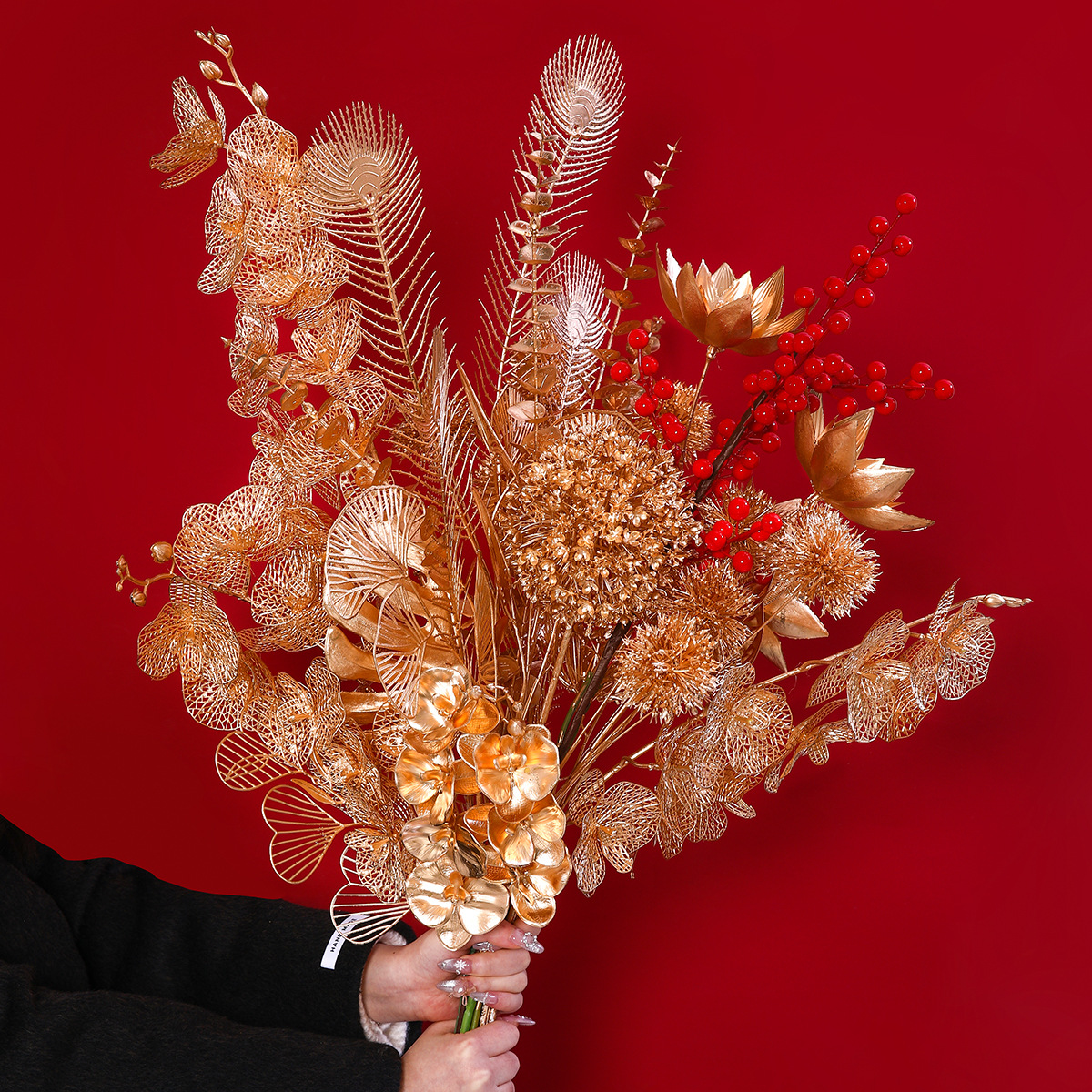 Decoración de barril de bendición de año nuevo, decoración de jarrón de fruta roja de acebo de América del Norte, fruta de acebo, flor de año nuevo, flor de flor, simulación de hogar, acebo