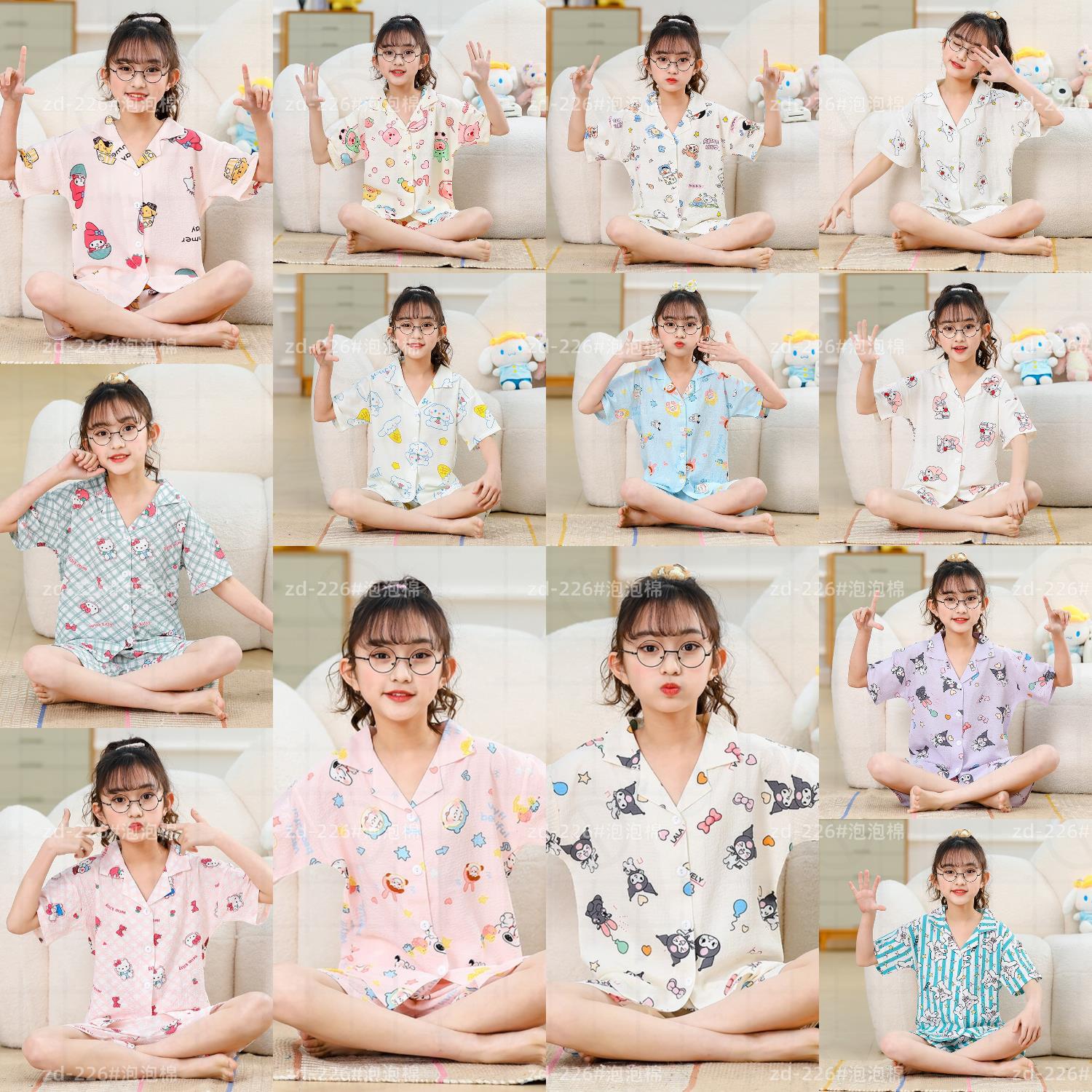 Pijamas infantiles niñas de manga corta verano espuma tejida tela arrugada dibujos animados niñas niños mayores cubierta de ropa de bebé