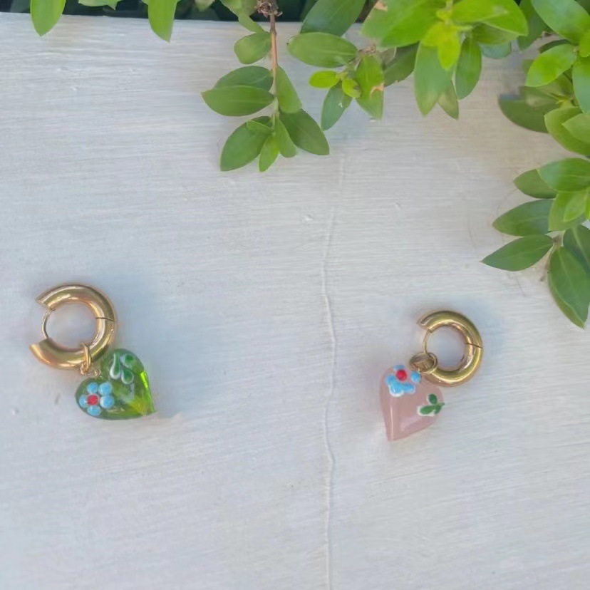 Pendientes De Oro Con Diseño De Nicho Francés, Corazón De Cristal, Corazón De Melocotón, Pendientes De Flores En Contraste. display picture 4