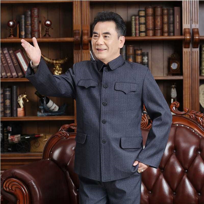 中山装套装单层中老年男春秋夏老人上衣中山服一层外套爸爸爷爷装