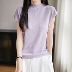 夏の半高襟精紡ウールの薄いニット半袖tシャツの女性の洋気の小さい飛袖の純色の百合の上着