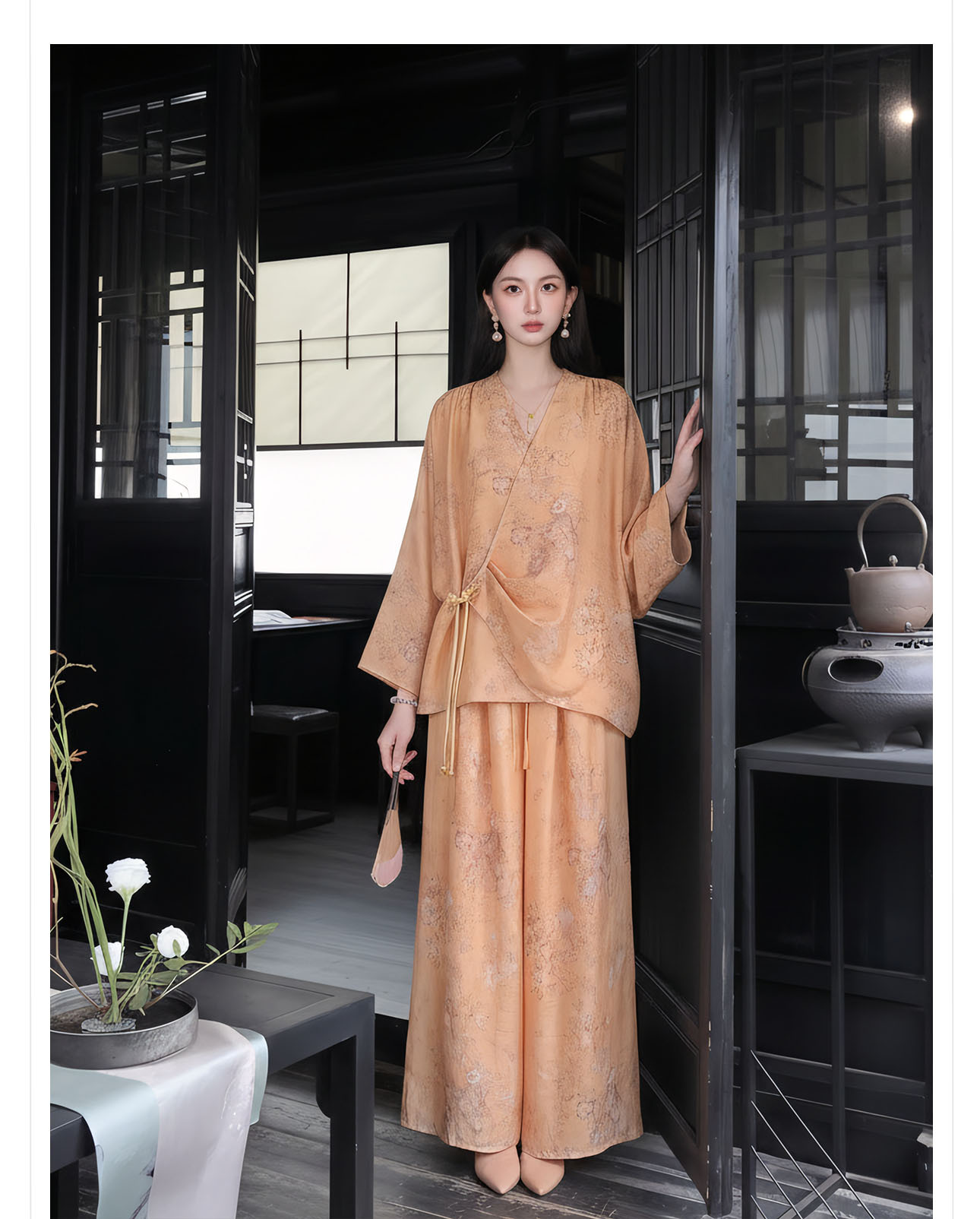 Bộ đồ bộ nữ phong cách Trung Hoa mới, áo rộng quần ống rộng họa tiết jacquard, form suông thoải mái — Trang chủ, bộ đồ, Quần dài chi tiết 9