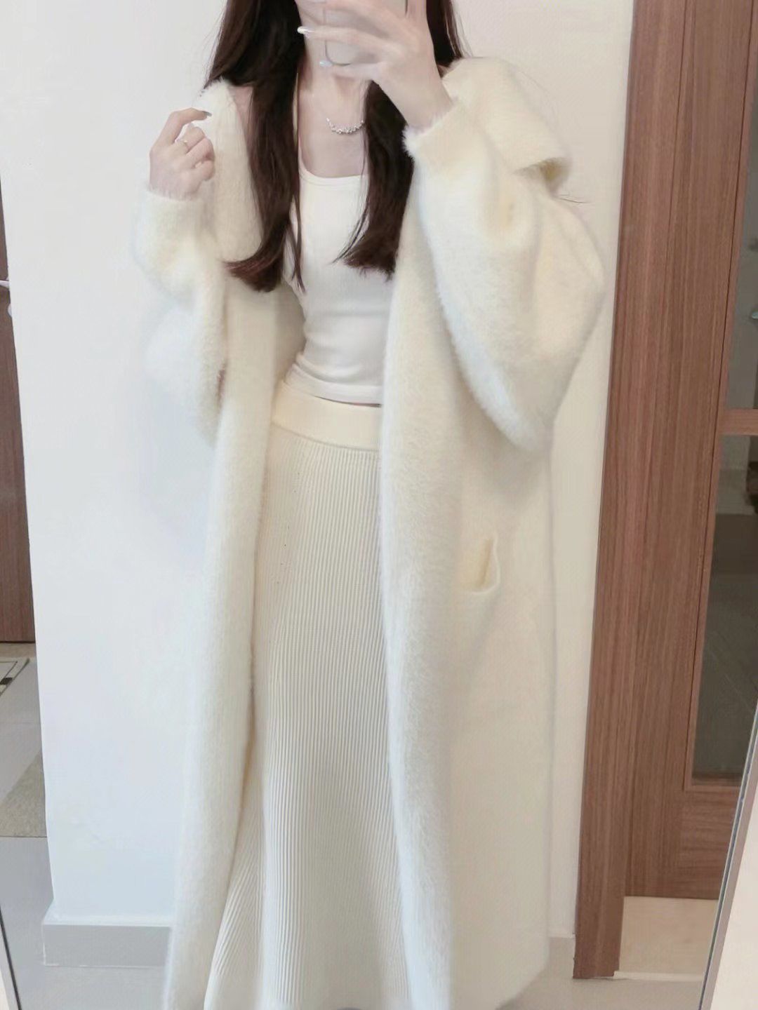 连帽大衣水貂绒毛衣开衫女秋冬慵懒风中长款过膝马海毛针织衫外套