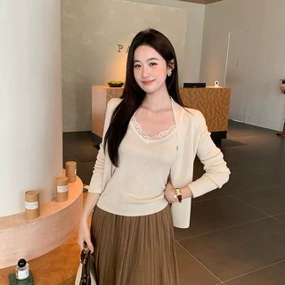 SE白标-“晚风叙”法式蕾丝V领内搭背心+针织开衫25977