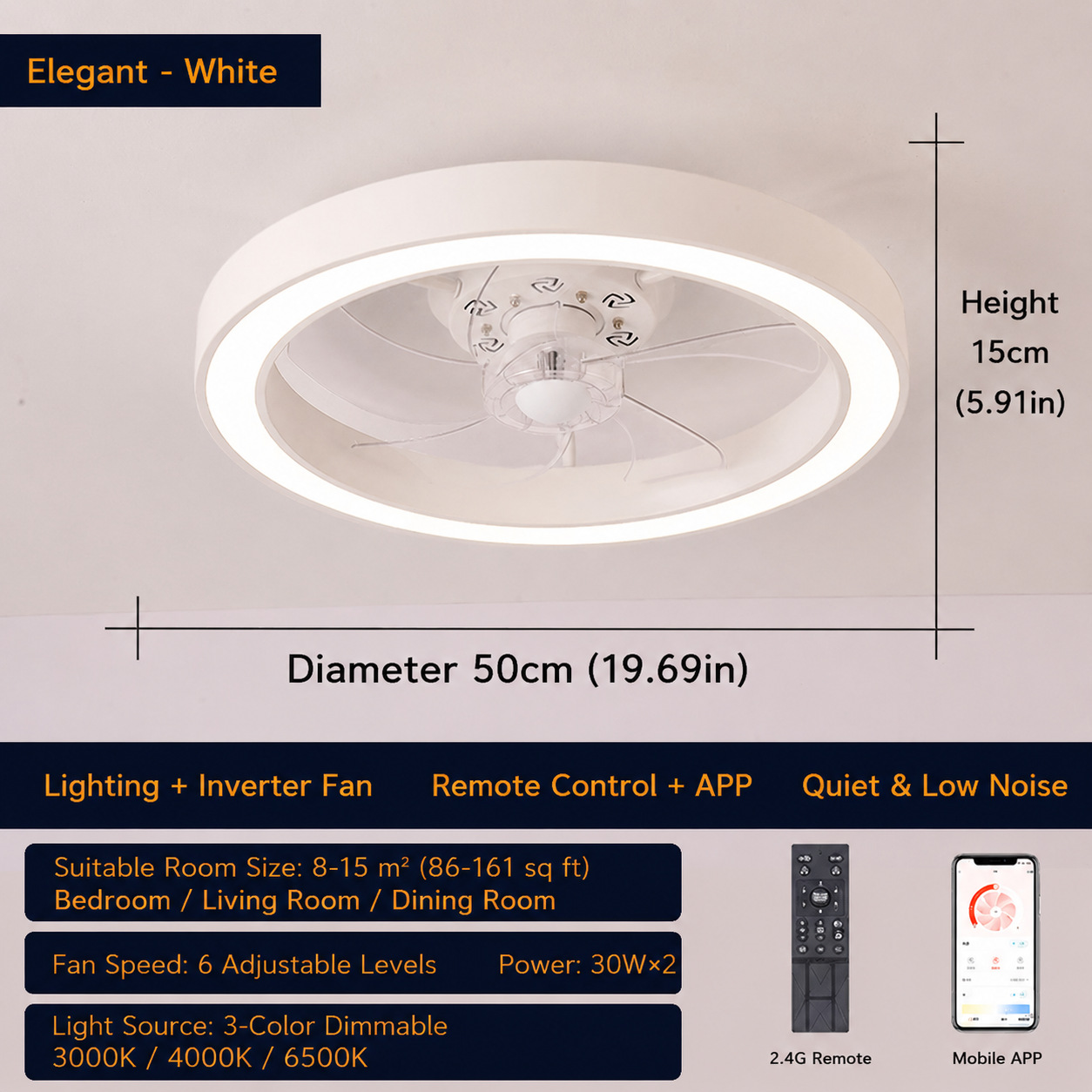 Lámpara de Techo con Ventilador de Hierro y ABS, Atenuación Continua y Control Remoto, para Dormitorio y Restaurante