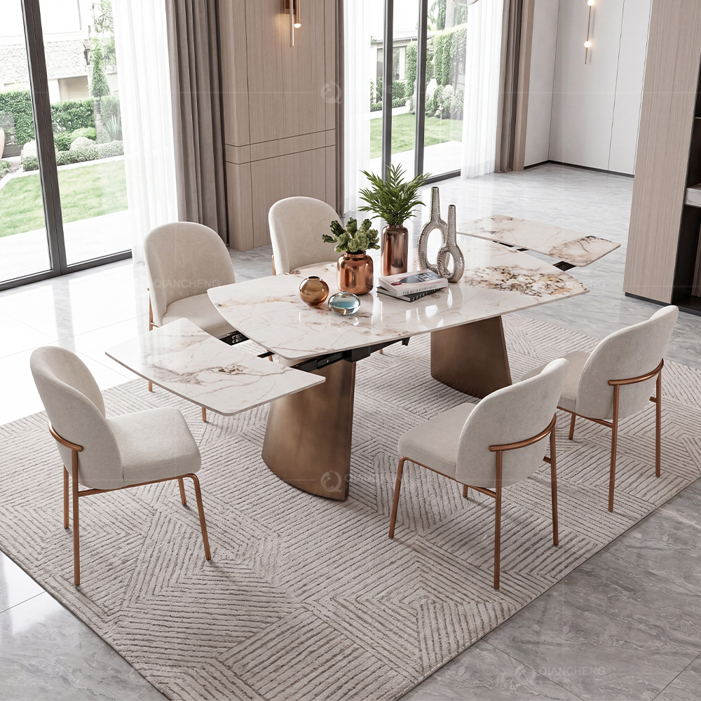 Mesa de Comedor Giratoria Extensible Rectangular de Placa de Roca y Metal para Restaurante image 1