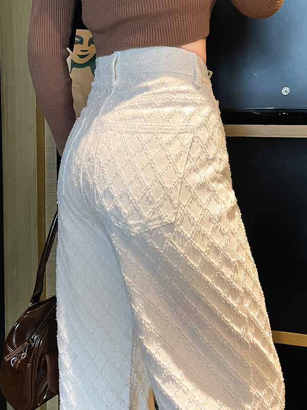 白色牛仔裤女窄版直筒长裤子秋季编织感阔腿裤高腰宽松拖地休闲裤|undefined