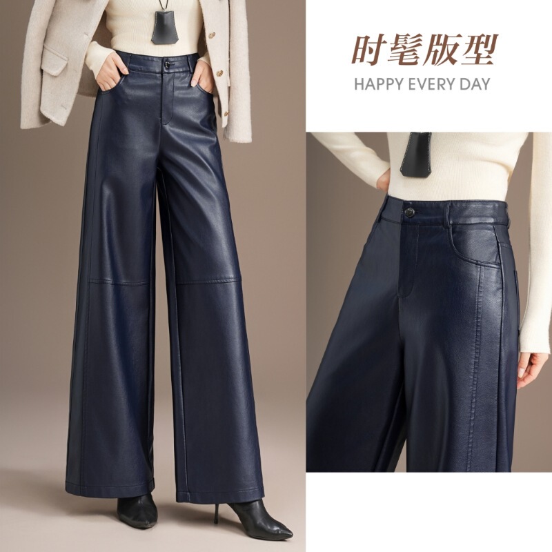 Black leather pants for women, fall/winter 2026 new style, high-waisted casual straight wide-leg pants for petite women Black leather pants for women, fall/winter 2026 new style, high-waisted casual straight wide-leg pants for petite women