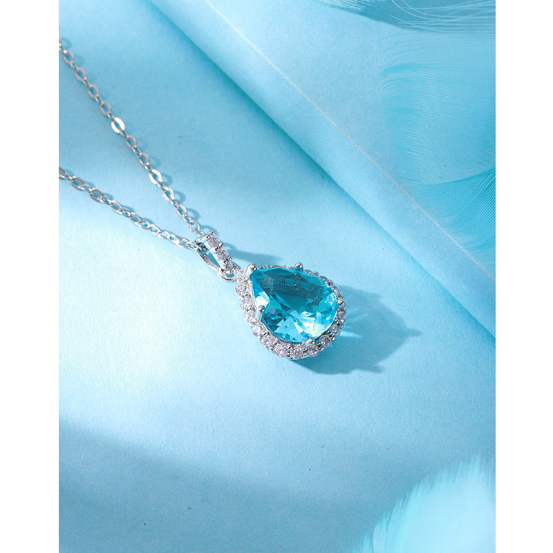 Luz de lujo nicho diseño de alto grado temperamento ZIRCON colgante Cadena de clavícula S925 plata esterlina gota de agua mar azul collar de circonio