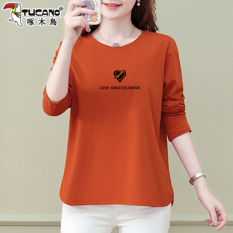 Woodpecker Pure Cotton Long-Sleeve T-Shirt for Women, Spring and Autumn 2026, Stylish Blouse for Ladies, Mom's Base Layer Top