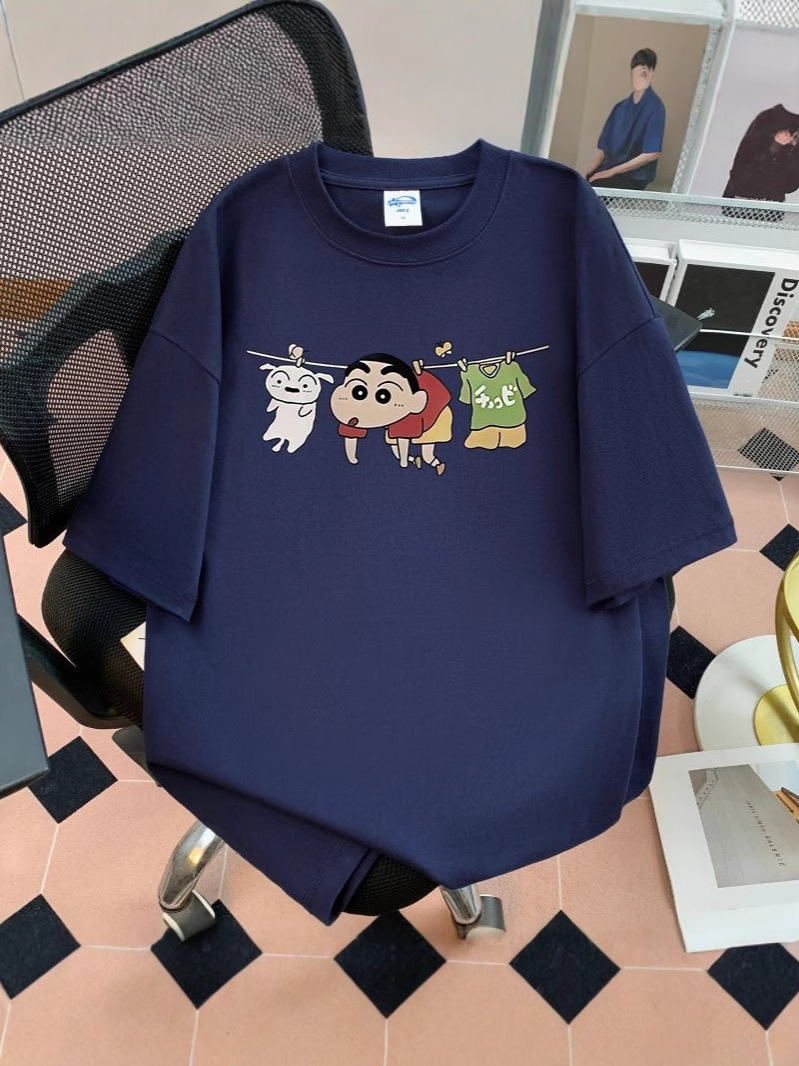 漫画和風クレヨンしんちゃんプリントコットン半袖Tシャツ男性と女性のための夏のトレンディなブランドルーズで多用途なトップスイン