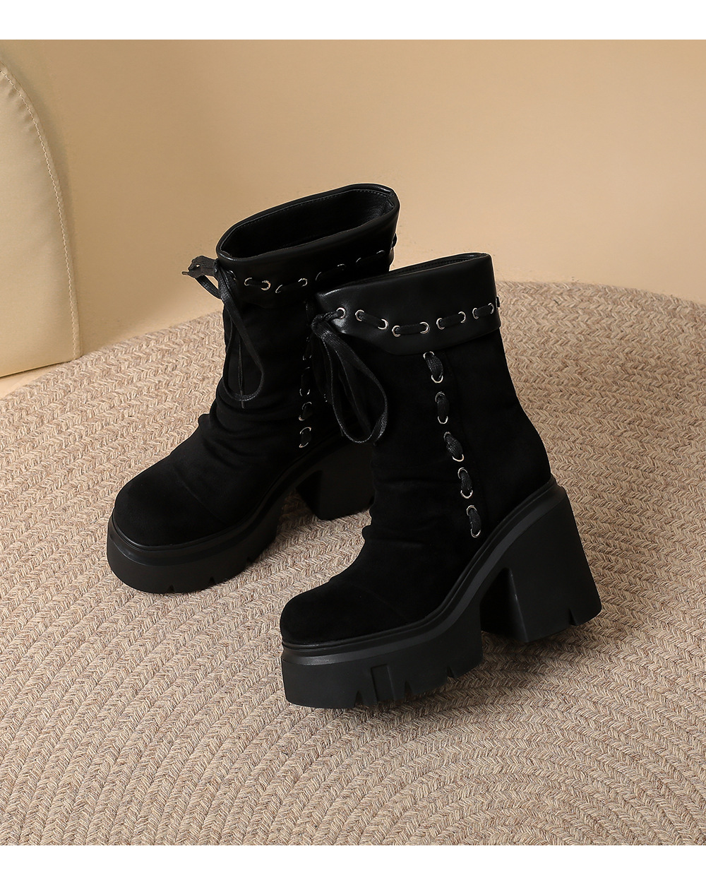 Boot nữ da lộn mũi tròn gót 12 cm dây buộc phong cách retro — nhung đen chi tiết 11