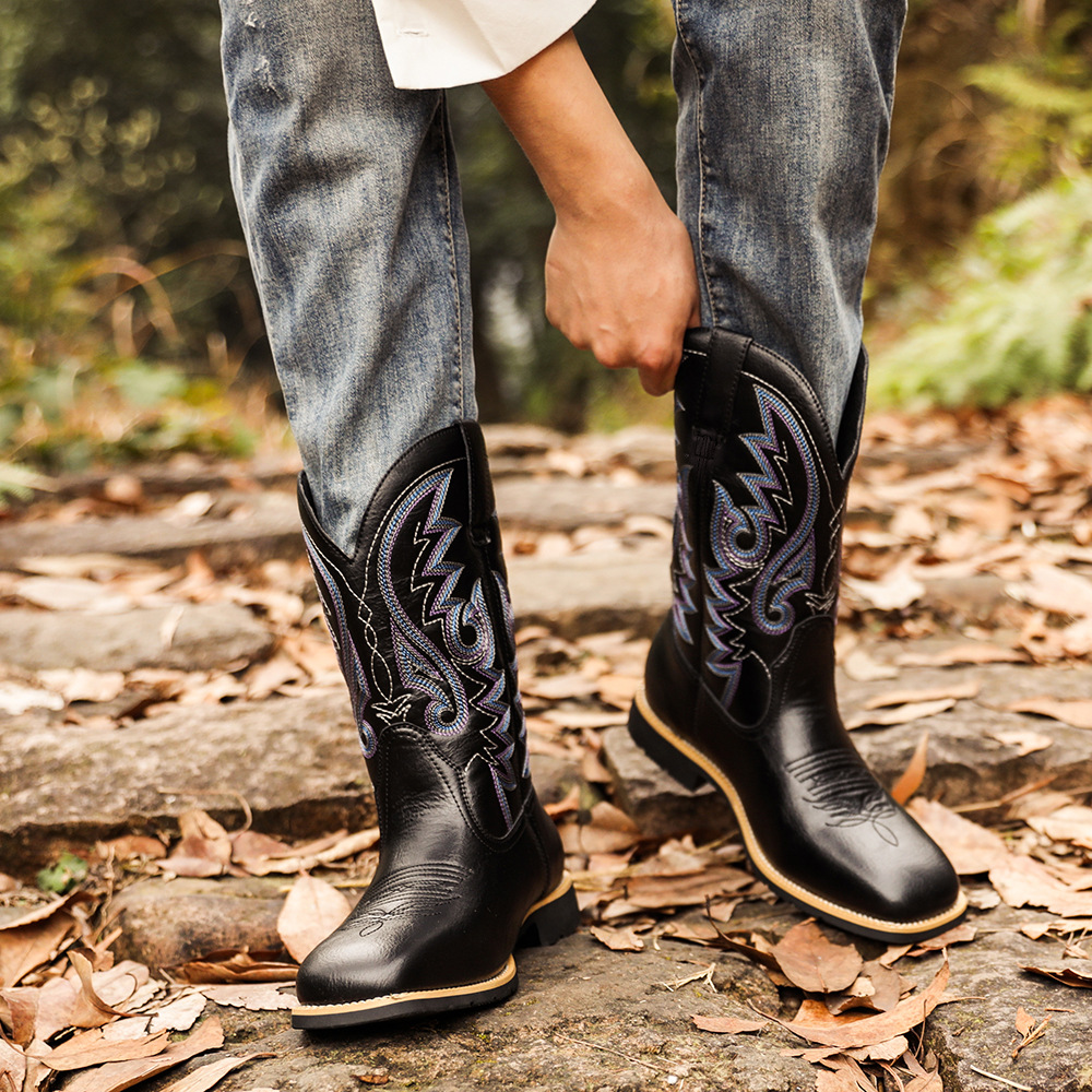 Cizme de cowboy western înalte, brodate, vintage, cu cap lat, pentru bărbați_voghion.com