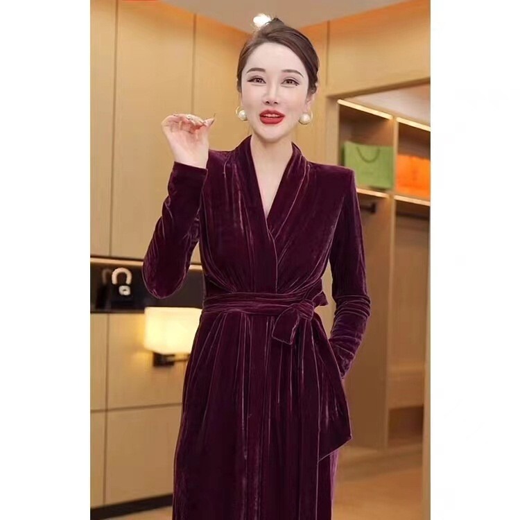 FL232133 autumn and winter new wine red velvet dress temperament formal occasion long sleeve French dress