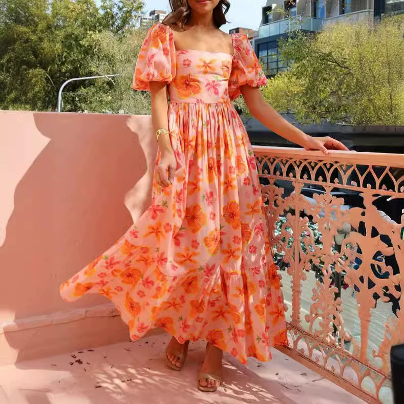 Независимая станция 2024 трансграничная весна, лето, Европа, лето, новые рукава с пузырьком, воротник с квадратным принтом A-образное платье с высокой талией для женщин