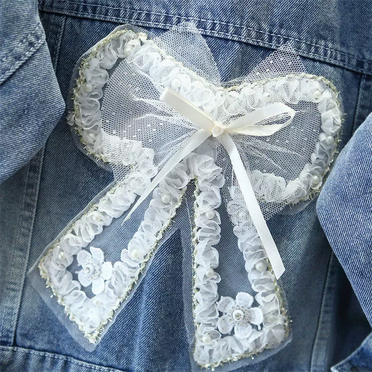 Denim autumn children's jacket with bow, Korean style