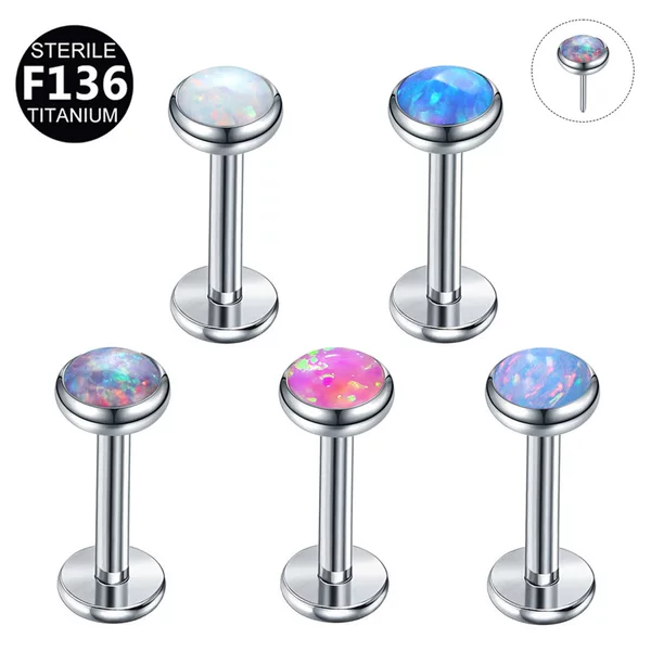 F136 Titanium Alloy Flat-Bottom Opal Stud Earrings, Lip Studs, Ear Cartilage Studs, Piercing Jewelry
