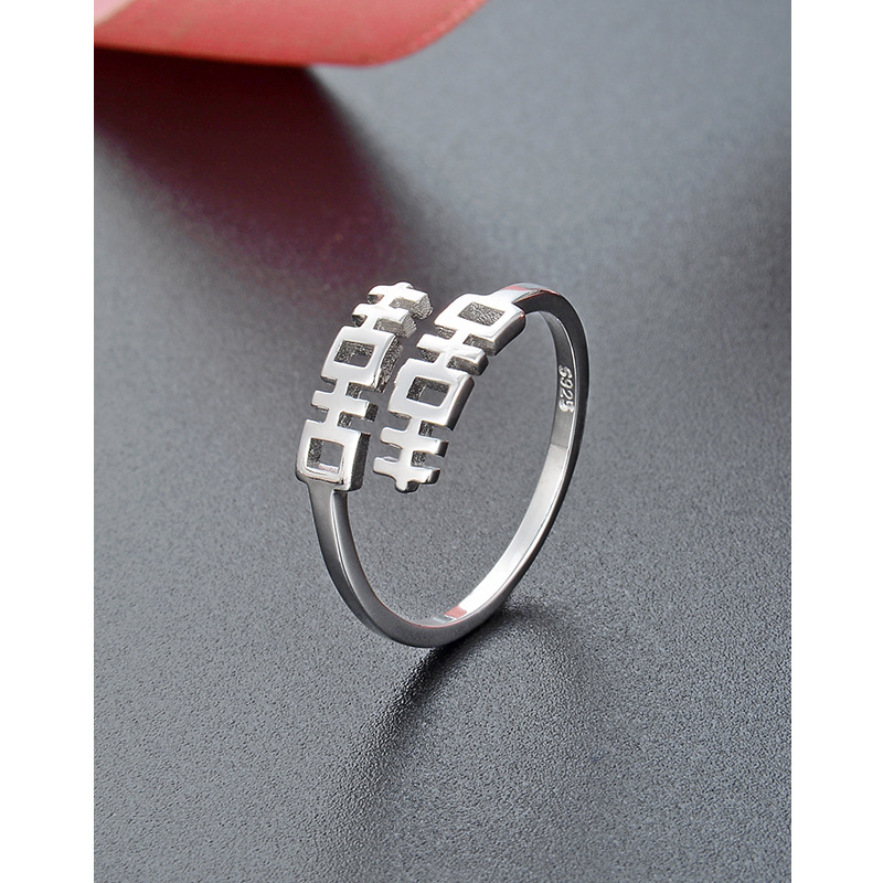 S925 plata esterlina doble felicidad anillo mujer personalidad abierta estilo chino retro chic anillo de dedo índice nicho anillo simple