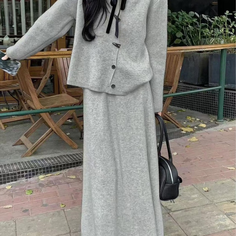 韩版圆领系带针织开衫时尚套装女秋冬新款宽松慵懒风半身裙两件套|undefined