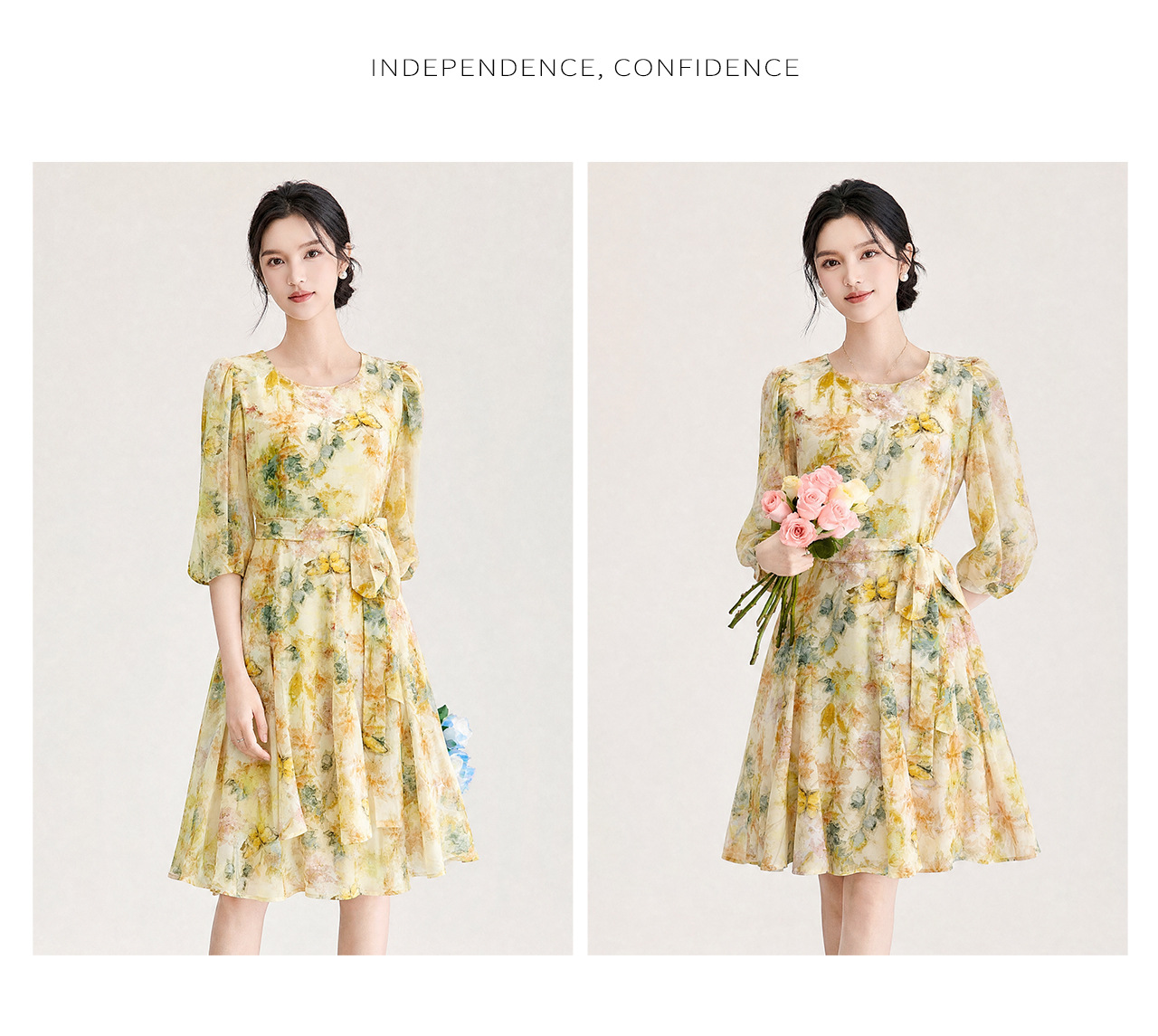 Đầm maxi nữ tay phồng hoa nhí chất liệu voan chiffon — xanh lá cây chi tiết 15