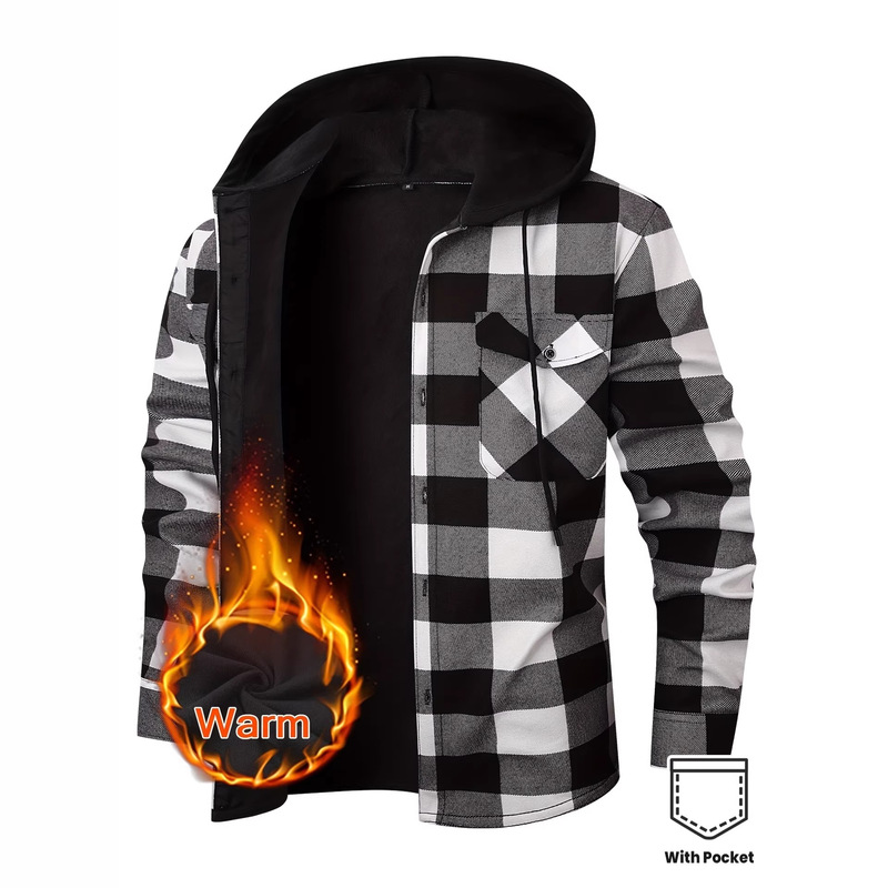 Amazon Fleece-Lined Hooded Plaid Plus-Size Men's Long-Sleeve Shirt, Thickened and Warm for Winter