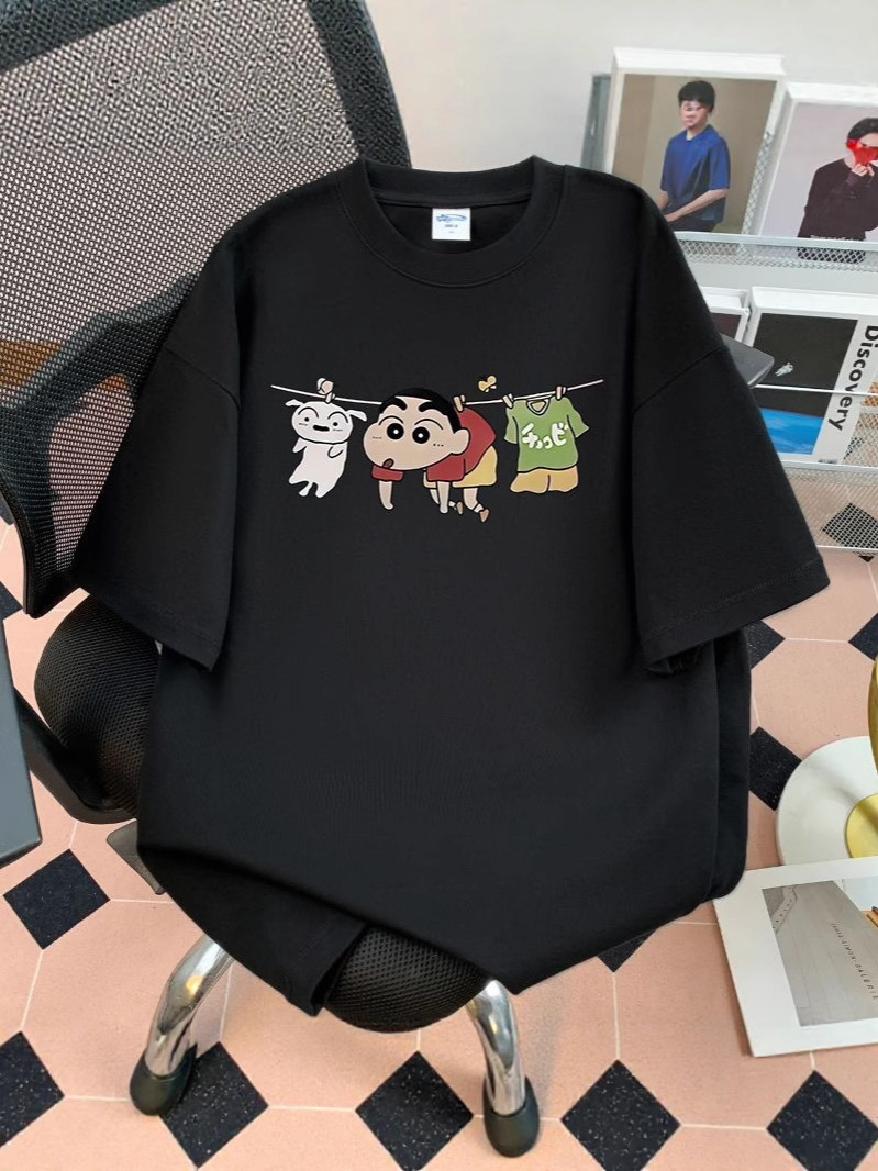 漫画和風クレヨンしんちゃんプリントコットン半袖Tシャツ男性と女性のための夏のトレンディなブランドルーズで多用途なトップスイン