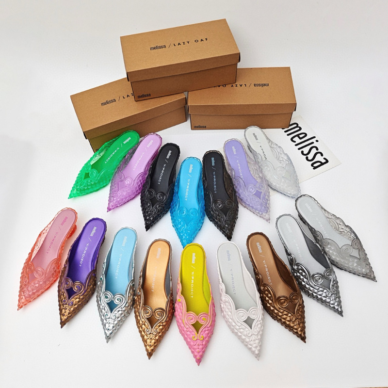 2024 Melissa Women's Shoes Pointed Shoes Witch Shoes Low Heel Slippers European Style Retro Shoes Melissa Court