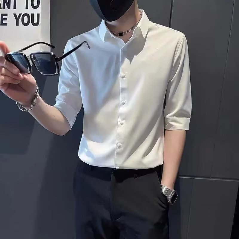 British Men's Shirt Short-sleeved Summer Thin Mid-sleeved Shirt High-end Sense Fat Handsome Seven-sleeved Black Shirt Men's Trendy British Men's Shirt Short-sleeved Summer Thin Mid-sleeved Shirt High-end Sense Fat Handsome Seven-sleeved Black Shirt Men's Trendy