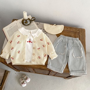 2025 Autumn Baby Cotton Sweater Jacket Cherry Embroidered Knitted Long Sleeve Jacket Children's New Top