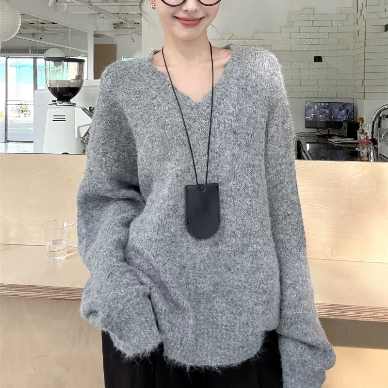慵懒纯色气质小众针织衫减龄长袖毛衣女秋冬新款宽松显瘦百搭上衣