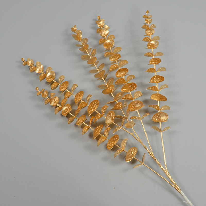 Flores de simulación de oro, flores de oro, hojas de oro, flores de Navidad, hojas de oro, hojas de abeto, hojas de abanico de oro, eucalyptus, flores