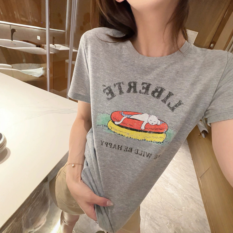 Korean-Style Summer New Mo Swim Ring Cat Print Short-Sleeve T-Shirt for Women, Fun Cat Print Hemp-Feel Cotton Top