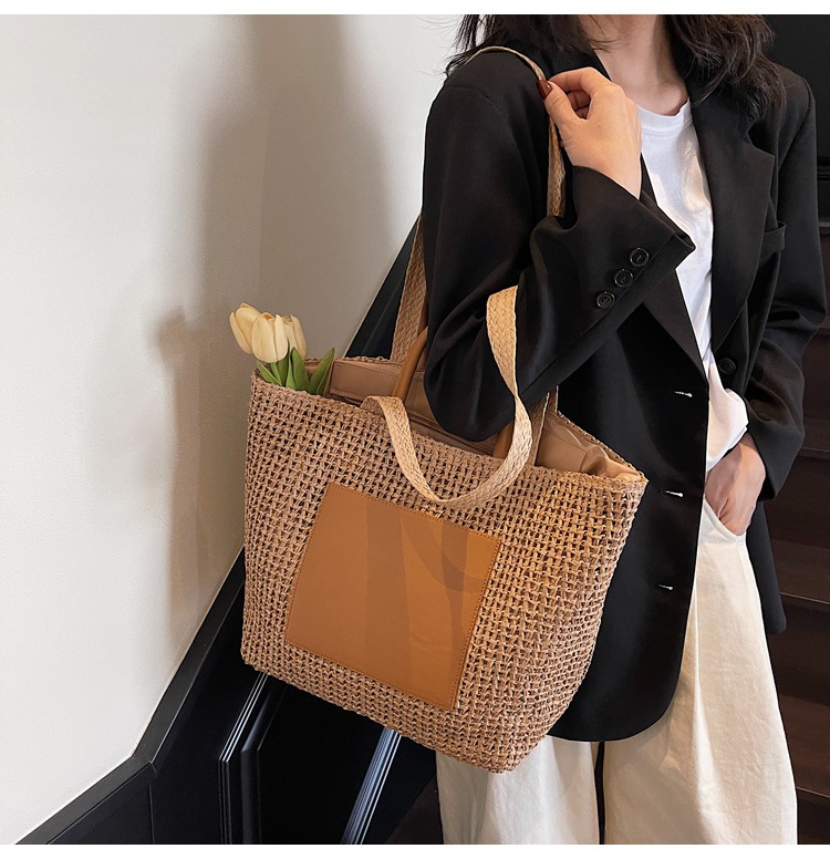 Large Woven Beach Tote Bag For Women Stylish Hollow Out Handbag_voghion.com