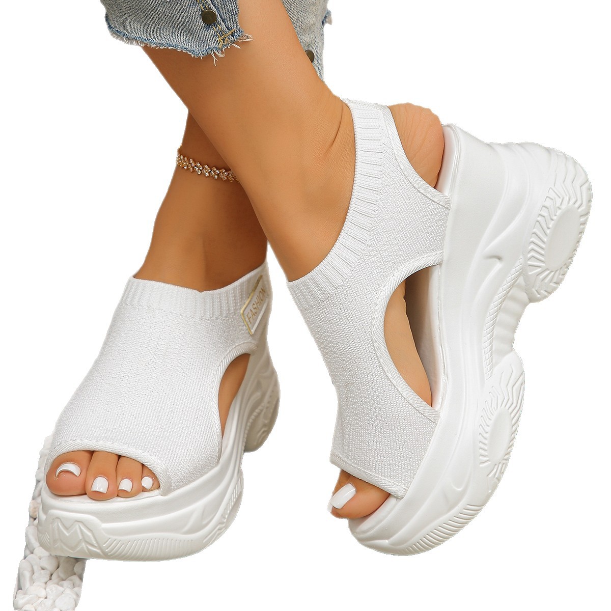 Cross-Border Foreign Trade Plus Size Summer New Knitted Peep-Toe Platform Fly Weave Thick Sole Casual Style Women's_vogvips.com