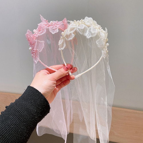 Girls' Sweet Birthday Hairband Princess Baby Crown Veil Hair Accessory Super Fairy Girl Pearl Tassel Lace Hairpin