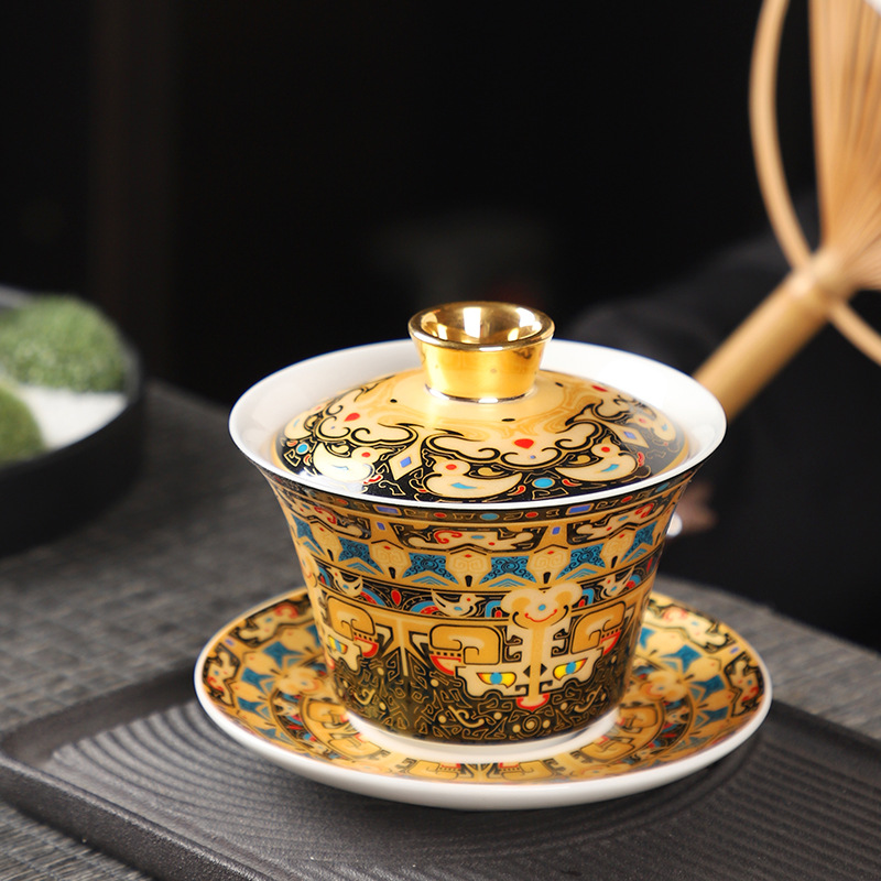 唐卡鎏金悬停茶盖碗中式珐琅彩瓷盖碗复古描金鎏银宫廷风陶瓷茶碗