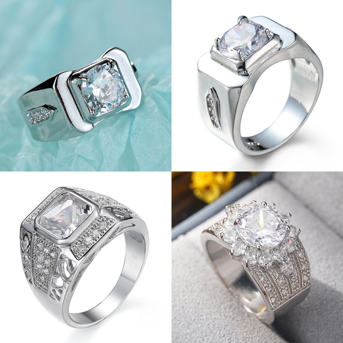 Japanese-Style Square 1-Carat Simulated Diamond Ring for Men, Trendy Ring, Simple Jewelry, Bold Zircon Wedding Ring
